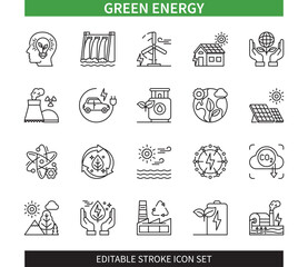 Editable line Green energy outline icon set. Nuclear power plant, Solar energy, Wind turbine, Battery, Biogas, Geothermal energy. Editable stroke icons EPS