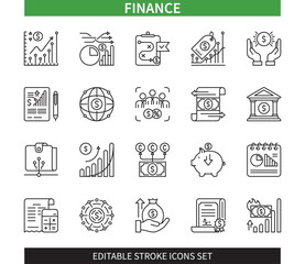 Editable line Finance outline icon set. Commerce, payments, inflation, business, savings, accounting, investment. Editable stroke icons EPS