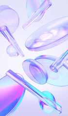 Glass circle shapes with colorful reflections composition. 3d rendering illustration. 