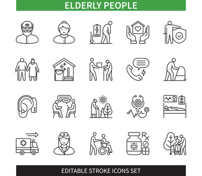 Editable Line Elderly People Outline Icon Set. Elderly People Walking, Hearing Aid, Assisted Living, Elderly Protection, Home Nurse, Home Cleaning. Editable Stroke Icons EPS