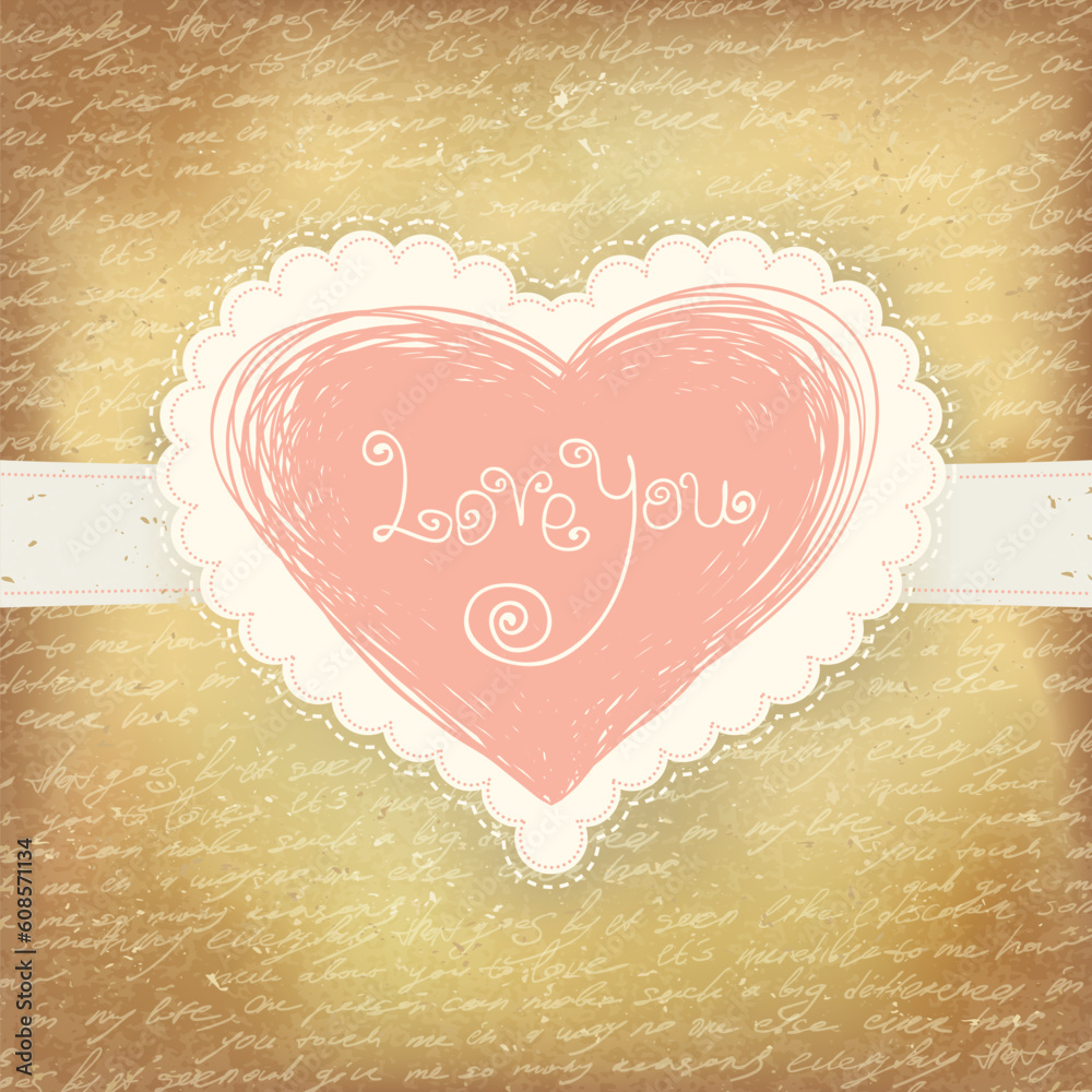 Wall mural beautiful greeting vintage valentine`s card with pink heart. vector, eps10.