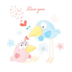 funny love birds on a white background with hearts and flowers