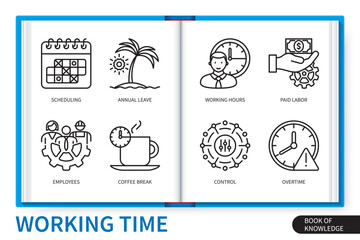 Working time infographics elements set. Paid labor, scheduling, employees, coffee break, working hours, annual leave, control, overtime. Web vector linear icons collection