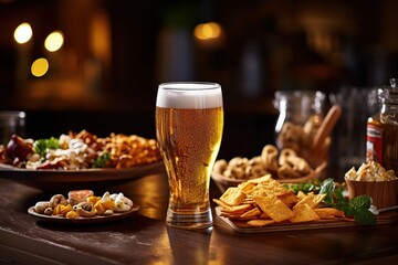 Portrait a glass of beer with foods on the table AI Generative