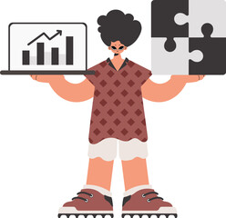 The person is holding a dumbfound and a positive enhancement chart. Thought bunch work. Segregated. Trendy style, Vector Illustration