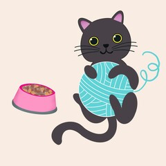 A cute little cat is having fun playing. Gray cat playing with yarn. cartoon vector illustration
