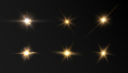 Set of light effects golden glowing light isolated on transparent background. Solar flare with rays and glare. Glow effect. Starburst with shimmering sparkles.	