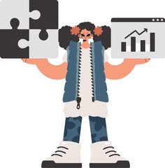 The young lady is holding a confuse and a positive advancement chart. Thought assemble work. Kept. Trendy style, Vector Illustration