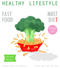 Healthy and unhealthy food. French fries and broccoli. Lifestyle concept the choice between fast food and healthy products. Vector poster