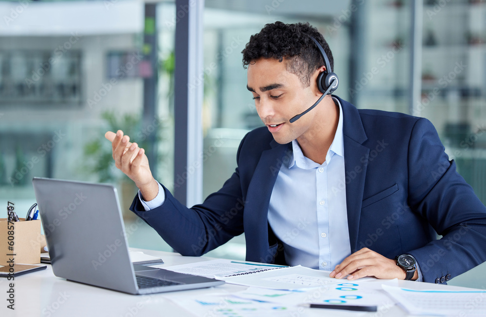 Poster professional, man and working at call centre with communication at a company with customers. male co