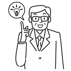 笑顔で指をさすスーツを着たシニア男性の上半身