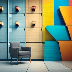 colourful background wall, abstract wooden art, black sofa chair, square light on the wall, light blue, yellow, orange and black colours