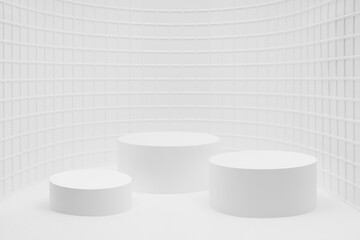 Abstract white stage mockup as curved alcove, three cylinder podiums, tiny mosaic tile in mediterranean style, template for presentation cosmetic products, spa, goods, advertising, showing, design.