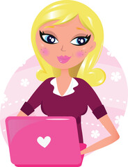 Blond business woman working with computer. Vector illustration