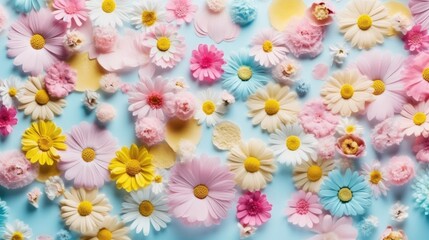 Festive spring flowers on blue background. Top view. Copy space. Birthday, Mother's, Valentines, Women's, Wedding Day concept. Generative AI