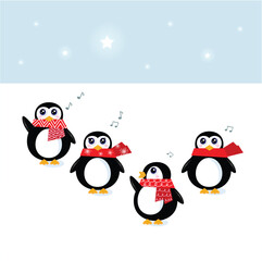 Cute Penguins singing christmas song. Vector Illustration