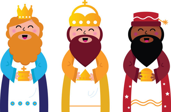 Caspar, Melchior and Balthazar follow the star of Bethlehem. Vector cartoon Illustration