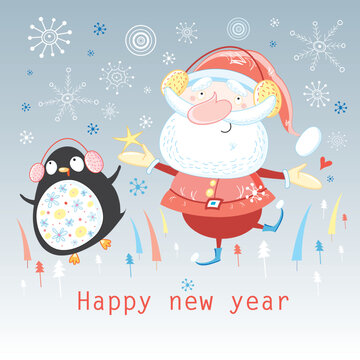 funny dancing Santa Claus and a penguin on a gray background with snowflakes and Christmas trees