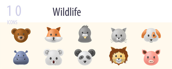 Wildlife set. Creative icons: bear, fox, seal, cat, dog, hippopotamus, koala, panda, lion, pig.