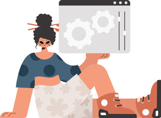 The energized lady is holding a browser window with gears. SEO and web analyzing subject. Restricted. Trendy style, Vector Illustration