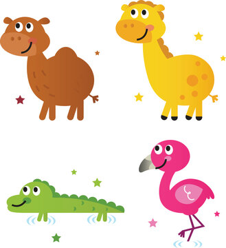Safari animals - giraffe, camel, croc and flamengo. Vector cartoon