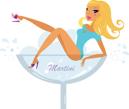 Woman sitting in alcohol glass showing her legs. Vector retro Illustration