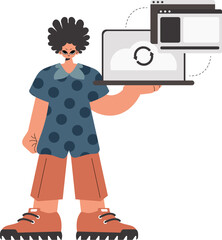 The individual is holding a tablet in which data is being synchronized. Compelled. Trendy style, Vector Illustration