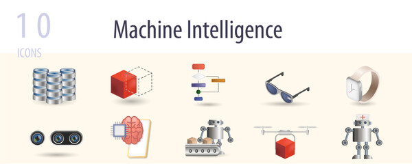 Machine intelligence icons set. Creative elements: big data, pattern, algorithm, smart glasses, smart watch, smart lens, neural interface, robotic conveyor, air drone, medical nanorobot.