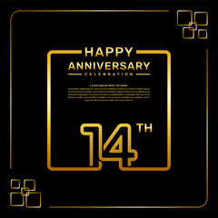 14 year anniversary celebration logo in golden color, square style, vector template illustration