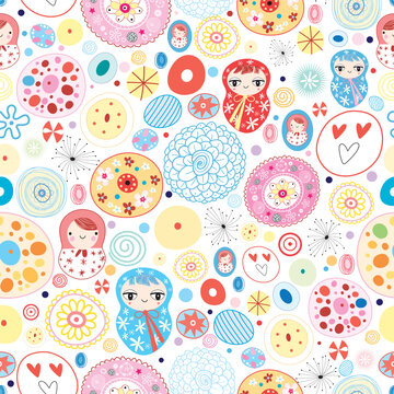 abstract seamless pattern with bright colored dolls on white background