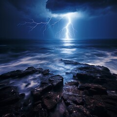 Nature's Electrifying Symphony: Ocean Illuminated by Lightning in Mesmerizing Wallpapers, Generative AI