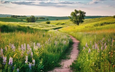 A Journey through Nature's Canvas: Exploring a Vibrant Field via a Tranquil Pathway, Generative AI