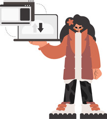 The energized lady is holding a tablet in which information is being synchronized. Confined. Trendy style, Vector Illustration