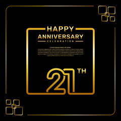 21 year anniversary celebration logo in golden color, square style, vector template illustration