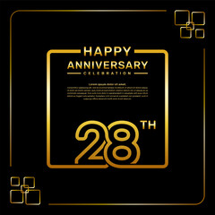 28 year anniversary celebration logo in golden color, square style, vector template illustration