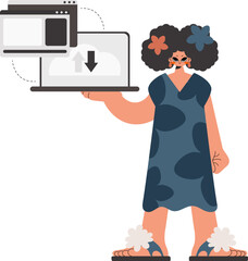 The energized lady is holding a tablet in which information is being synchronized. Kept. Trendy style, Vector Illustration