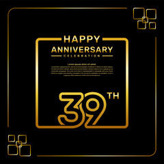 39 year anniversary celebration logo in golden color, square style, vector template illustration