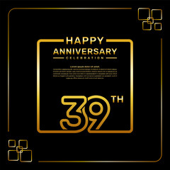 39 year anniversary celebration logo in golden color, square style, vector template illustration