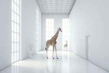 Giraffe in modern white room interior. Creative concept. Generative AI