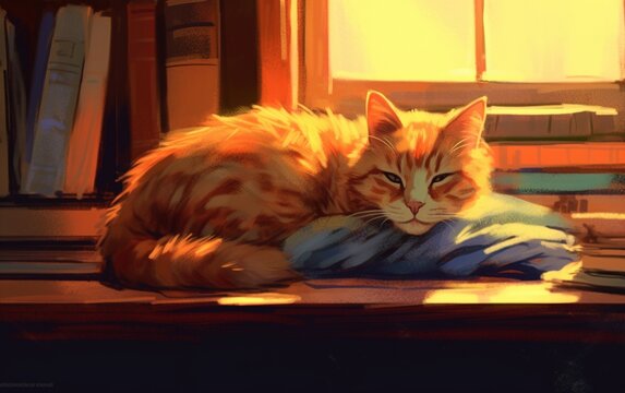 Cozy Cat Dreams: Adorable Feline Sleeping on a Rustic Wooden Bookshelf - A Perfect Wallpaper for Cat Lovers and Bookworms, Generative AI