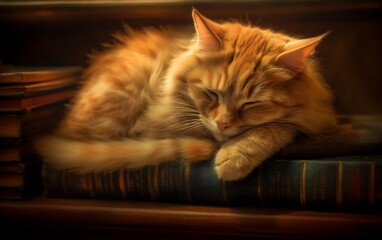 Cozy Cat Dreams: Adorable Feline Sleeping on a Rustic Wooden Bookshelf - A Perfect Wallpaper for Cat Lovers and Bookworms, Generative AI