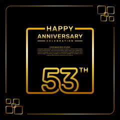 53 year anniversary celebration logo in golden color, square style, vector template illustration
