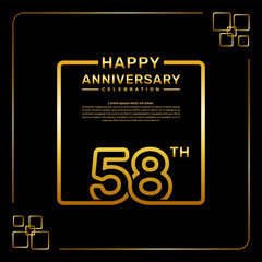 58 year anniversary celebration logo in golden color, square style, vector template illustration