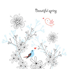 graphical greeting card plant with birds on a white background