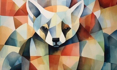 cubist lesser panda watercolor - obrazy, fototapety, plakaty