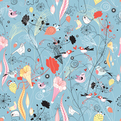 Seamless floral pattern with birds of paradise in love with a blue background