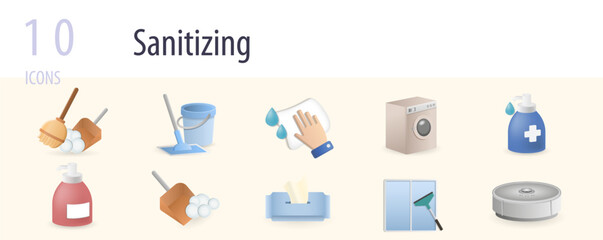 Sanitizing set. Creative icons: sweep, washing floors, wipe dust, washing clothes, disinfectant, soap, scoop, wet wipes, window washing, vacuum cleaner.