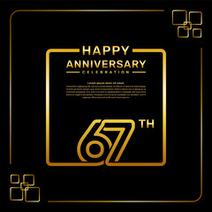 67 year anniversary celebration logo in golden color, square style, vector template illustration