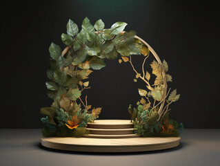 Wood podium product presentation. Tropical leaves background. Nature with Generative Ai.