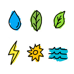 Fototapeta na wymiar set of nature doodle icons, water, river, leaves, electric, sun. vector illustration.